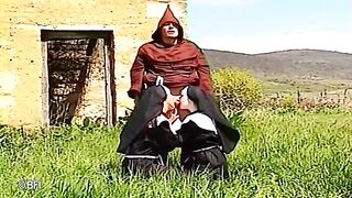 Two nuns love to fuck in threesome outdoor