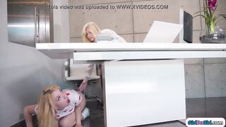 Big tits stepmom visited by her stepteen at work.Her stepteen wants to have sex with her but goes under her desk when her boss shows up.They have sex as well and her stepteen joins in.The busty milfs and the tight teen lick each other