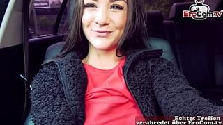 German slut with small tits gets a pussy cumshot after car sex