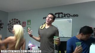 Group of REALITY blonde college lesbians start a dorm room fuck party