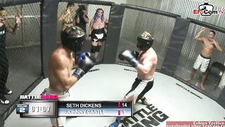 Busty blonde slut fucks in a boxing ring with the fighter