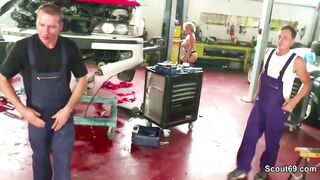 Two Young Seduce Big Tit German Milf to fuck in Workshop