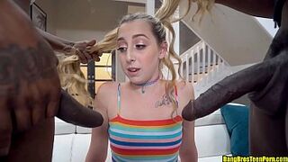 Cute petite blonde teen fucked by two huge black guys with huge penises