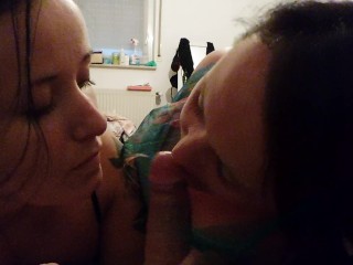 2 Girls pleasuring Cock deep Together on Bed 3some