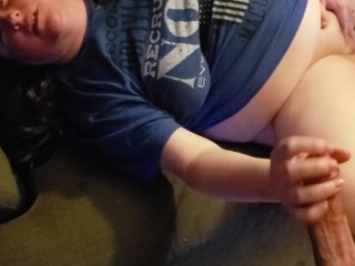 BBW playing with herself on the couch needs a hard cock to suck