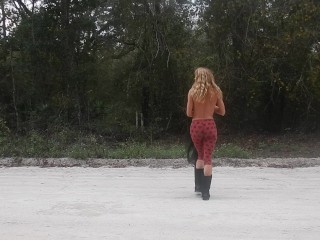 blonde striptease on public road in yoga pants gets topless flashing boobs