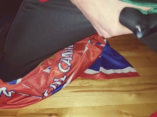 Cumming through Adidas track pants