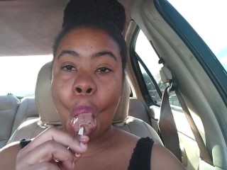 Ebony Big Lips Sucking Ice cream Pop Outside in Car - Cami Creams