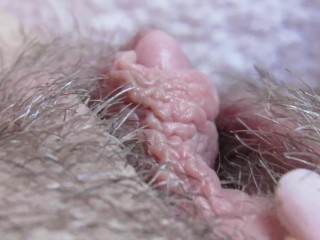 Extreme close up on my hairy big clit pussy