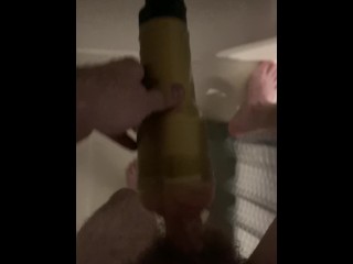 Fleshlight pussy in the shower sucking action with lots of lube