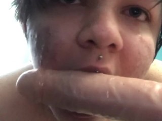 [FTM]  sucks and drools all over realistic dildo with tears and gagging POV