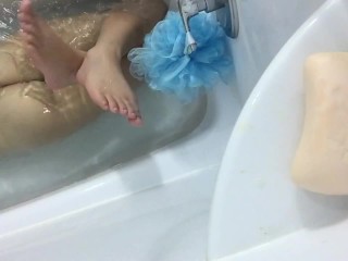 Hot step sister on vibrating hairy pussy in bath