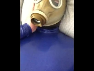 Jerking Off in Neck Entry Latex Catsuit and Russian Gas Mask