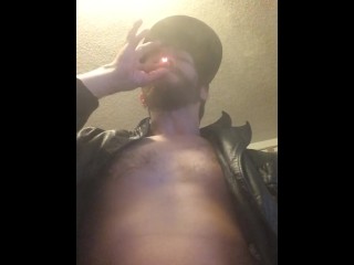 Leather Blazer No Shirt Smoking a Spliff