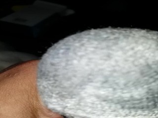 Nut up in sock and grunting in pleasure