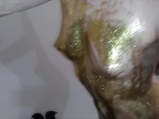 Oiled golden glitter tits HD oil caress jiggling small boobs puffy nipples