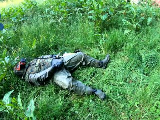 outdoor wanking in German Zodiak suit with compressed air