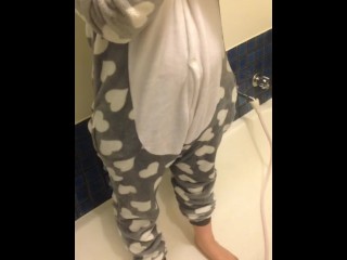 Peeing in a bunny onesie!