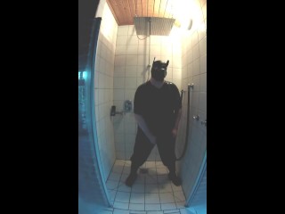 Pup pawing off in the shower