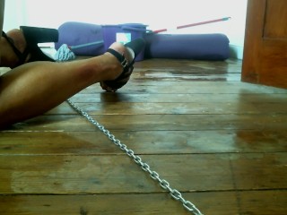 Sissy encouraged to clean Mistress House chained up by her clitty cage