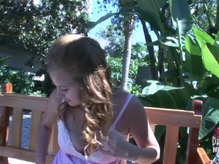 Staci Hot Upskirt Pussy Fingering On A Public Swing