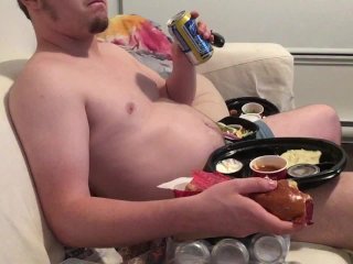 Stuffing & Watching Anime. Chubby Guy