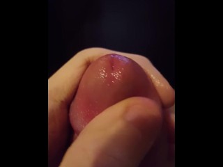 Teasing big uncut dick glans with precum play