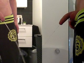 teen boy is urinating in the bathroom