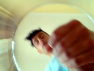Teen with thick cock and bouncing balls cums in a cup and drinks own cum
