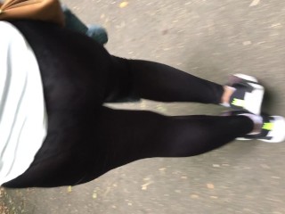 Wife walking in see through leggings in the park visible flower panties